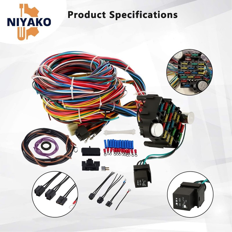 Niyako Universal 21 Circuit Wiring Harness Kit, Extra Long Wire