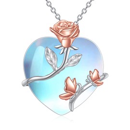 YAFEINI Moonstone Rose Flower Necklace Sterling Silver Butterfly Pendant Necklace Rose Shaped Jewellery Gifts for Women Girlfriend Her Girls