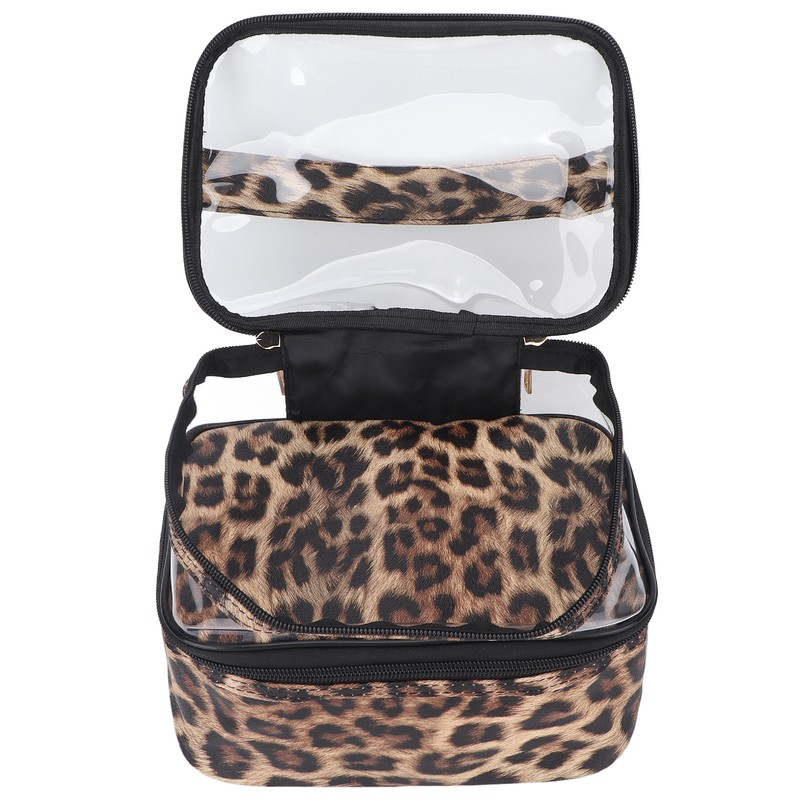 Double Layer Cosmetic Bag PVC Leopard Print Design Portable Large