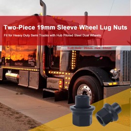 10 Pack Two-Piece 19mm Sleeve Wheel Lug Nuts Fit for Heavy Duty Semi Trucks with Hub Piloted Steel Dual Wheels, M22-1.5 Flanged, 33mm Hex, 26mm Bolt Hole, Black, Torque 500-550 ft-lbs