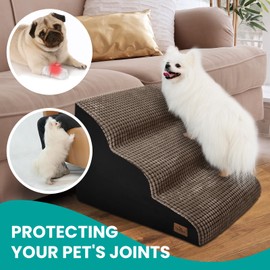 blunique Dog Srairs for Small Dogs, 3-Step Dog Stairs for High Beds and Couch, Foam Dog Ramp with Durable Non-Slip Waterproof Fabric Cover, Brown Pet Stairs for Pets Joints