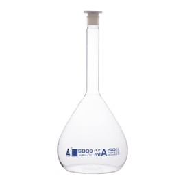 EISCO Volumetric Flask, 5000ml - Class A - 34/35 Polyethylene Stopper, Borosilicate Glass - Blue Graduation, Tolerance ±1.200