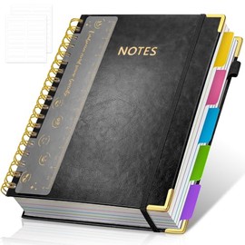 Hardcover Spiral Notebook Journal, 8"x10" Large B5 Notebooks with Removable Dividers Tabs, 300 Pages Leather 5 Subject Notebook College Ruled, Journal for Work School Note, 100 GSM Thick Paper,Black