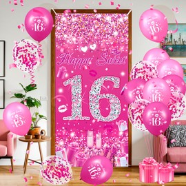 Sweet 16 Birthday Decorations for Girls Pink Happy Sweet 16 Door Banner 16th Birthday Door Cover & 18Pcs Happy Sweet 16 Balloons Hot Pink 16th Birthday Decorations for Sweet Sixteen Birthday