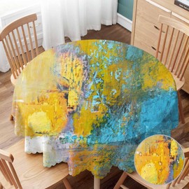 Sun Ball in Yellow and Turquoise Round Tablecloth 60 inch Table Cloth Abstract Original Painting on Canvas Tablecloths for Round Tables Small Round Tablecloth Table Cover for Outdoor