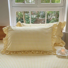 Yellow Ruffled Plaid Gingham Queen Size Pillow Shams 20"x30", Set of 2 Taupe Checked Pre-Washed Microfiber Farmhouse Pillowcases for Bed/Sofa (20"x30", Yellow Gingham)