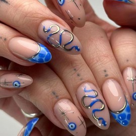 MERVF Almond Press on Nails Medium Fake Nails Press ons Blue French Tip Glue on Nails Gold Star Stiletto Acrylic False Nails with Snake Design Glossy 24pcs