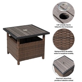 Aura Outdoor Small Patio End Table with 1.89 Inch Umbrella Hole, Outdoor Rattan Wicker Side Tables, Umbrella Base Table - Steel, Wood