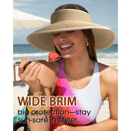 Women's Sun Visor Hats Wide Brim Straw Beach Hat Ponytail Foldable Packable Beach Vacation Essentials