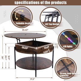 Mmucco 35.43" Round Lift Top Coffee Table with 2-Tier Storage, Circle Storage Coffee Tables with LED Light for Living Room,Round Storage Coffee Table for Home Office