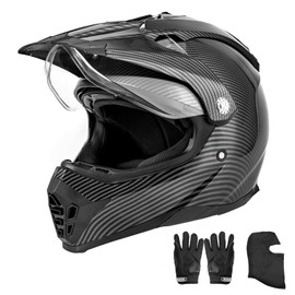 OUMURS Off Road Motorcycle Dual Sport Helmet Full Face Helmet Dual Visor Dirt Bike ATV Motocross Helmet with Mask & Gloves for Unisex-Adult-Carbon Fiber Black, XXL