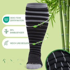 ZFSOCK Bamboo Compression Stockings Calf for Women: Plus Size Thick Support Stockings Men's Wide Calf Thrombosis Stockings Seamless 15-20 mmhg for Hiking Flight Travel Running 1 Pair, Black Striped