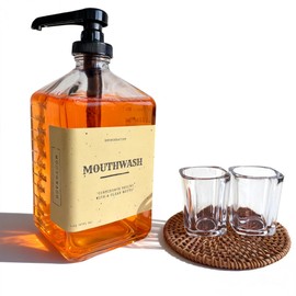 eBun 37oz Glass Mouthwash Dispenser for Bathroom, Mouthwash Dispenser Pump, Mouth Wash Container with Reusable Cup, Mouth Wash Bottle, Countertop Kitchen Sink Dish Liquid Soap Holder Set (Black)