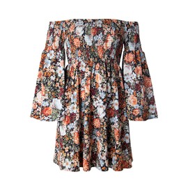 ONEYIM Women's Dress Summer Floral Long Sleeve Off Shoulder Casual Mini Dresses(Large)