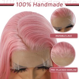SAPPHIREWIGS 13X6 Pink Lace Front Wigs Long Straight Glueless Synthetic Lace Front Wigs Pre Plucked Pink Heat Resistant Hair for Women Daily Party Cosplay Use 26 inch