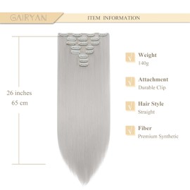 Gairyan Clip-In Hair Extensions, Straight, Long, 8-Piece Set, Synthetic Clip-In Hair Extensions, 66 cm, Synthetic Hair for Girls (Light Grey)