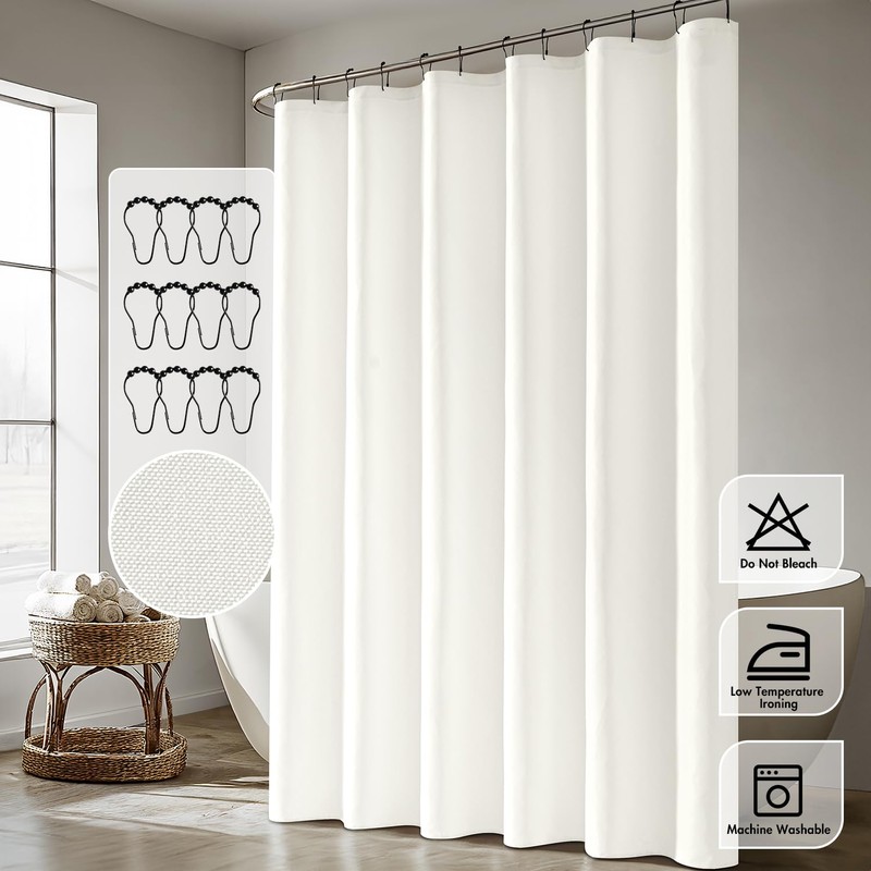 ANRODUO Fabric Shower Curtain with 12 Metal Hooks, White Cloth