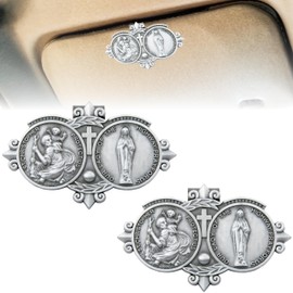 2 PCS St Christopher Medal Visor Clip, Our Lady of The Highway Visor Clip, Silver Car Driver Visor Clips, St Christopher Medal Saint Christoper Clips for Cars Driving Decorations