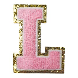 Zogify Iron on Letter Patches Gold Glitters & Pink Chenill,3 PCS Varsity Initial Patches,Adhesive Sticker Letter Patch for Team Costume Decoration 3.1in Height L
