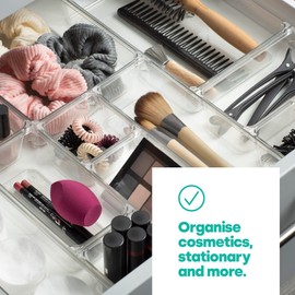 LIVIVO Drawer Desk Organiser Made From Clear Plastic Storage Box Divider For Makeup Stationary Utensils Tools in the Office Home Kitchen Garage Bedroom (4pc Medium)
