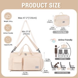 FIORETTO Women's Gym Duffle Bag with Shoes Compartment, 37L Capacity, Ideal for Travel, Gym, Sports, Duffel, Weekender, with Toiletry Bag, Beige