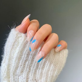 24 PCS Short Press on Nails, Cute Almond Glossy False Nails Acrylic with Designs, Blue& White Line Fake Nails Artificial Glue on Nails, Abstract Fake Nails for Women and Girls