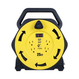 T-JOAN Retractable Extension Cord Reel with 25 FT Power Cord,16/3 AWG, 4 Grounded Outlets,2 USB 3.4A,13 Amp Circuit Breaker,UL Listed Yellow CR034