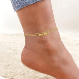 Gold Ankle Bracelets for Women 14K Gold Plated Layered Pearl Bead Anklets Waterproof Simple Link Chain Anklet Summer Beach Jewelry Gift for Girls (Bead)