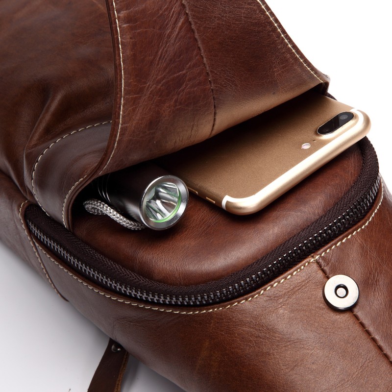 Men Leather Sling Bag Casual Shoulder Chest Crossbody Bag Hiking
