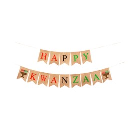 Mandala Crafts Jute Burlap Happy Kwanzaa banner with Kinara Sign – Rustic African Kwanzaa Decorations for Home Holiday Party Mantel Fireplace African Heritage Decor