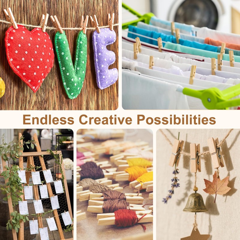 200 Pcs Mini Wooden Pegs with 30m Jute String, 3.5