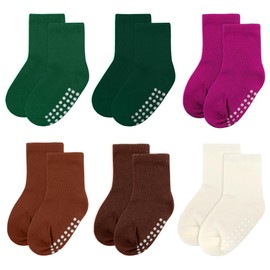 jealkip 6 pack baby socks, cotton crew children's socks, non-slip grip socks, unisex, for toddlers, boys, girls, Green/Darkgreen/Magenta/Caramel/Maroon/Cream, 1T