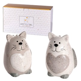 SPOTTED DOG GIFT COMPANY - Ceramic Cat Salt and Pepper Shakers - Gift for Cat Lovers - White and Grey Heart Shaker - Set of 2