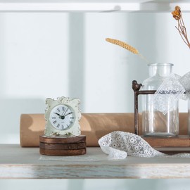 NIKKY HOME Pewter Pretty Small and Cute Vintage Table Clock with Quartz Analog Crystal Rhinestone 3 Inch for Living Room Bathroom Decoration, White Enamel