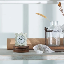 NIKKY HOME Pewter Pretty Small and Cute Vintage Table Clock with Quartz Analog Crystal Rhinestone 3 Inch for Living Room Bathroom Decoration, White Enamel