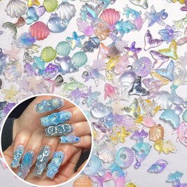 50Pcs Summer Beach Nail Charms Sea Shell Nail Rhinestones 3D Resin Seashell Starfish Mermaid Designs Kawaii Nail Art Supplies Ocean Theme Nail Jewels Nail Gems for Women Girls Acrylic Manicure DIY