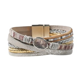 Vercret Leather Wrap Bracelet for Women - Light Grey Multi-Layer Magnetic Clasp Bangle Cuff Stacked Bracelets for lady and Mother