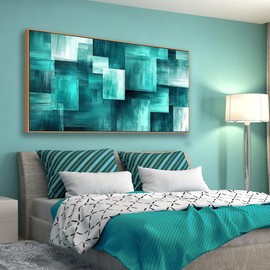 BQVCT Modern Abstract Wall Art Canvas Print Teal Geometric Pattern Wood Framed Artwork for Living Room Bedroom Decor