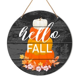 Hello Fall Sign Front Door Decor, Fall Round Hanging Sign Decor Farmhouse Autumn Wall Decorations Pumpkin Harvest Thanksgiving Black Wood Sign for Porch, Home, Office