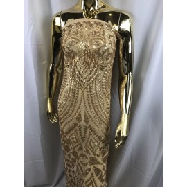 NEW CREATIONS FABRIC AND FOAM INC MATT GOLD GEOMETRIC DESIGN 4 WAY STRETCH MESH EMBROIDER WITH SEQUINS-BY YARD.