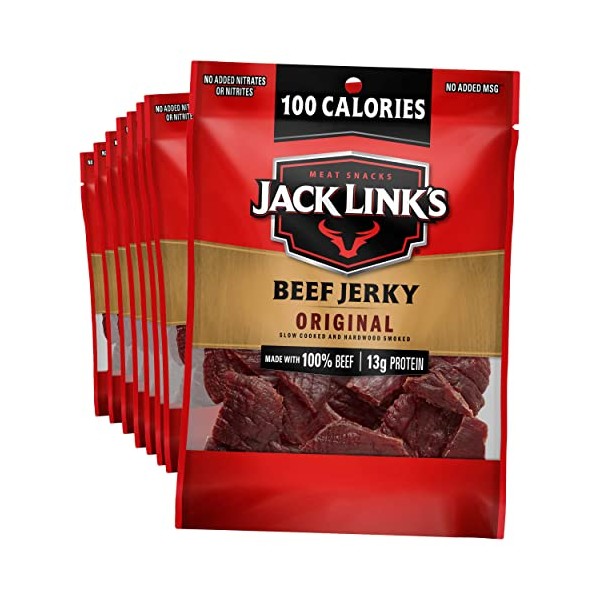 Jack Link's Beef Jerky, Original - Flavorful Meat Snack for Lunches, 13g Protein and 100 Calories, Made with 100% Beef - No Added MSG** or Nitrates/Nitrites, 1.25 oz (Pack of 10)