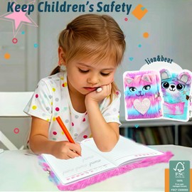 DICVUTE 2PCS Diary with Lock, Gift for 6 7 8 Years Old Girls, Fuzzy Notebook Cute Cat Bear Diary Secret Writing Plush Journal Christmas Day Birthday Gift for Kids (Long Haired Cat and Bear)