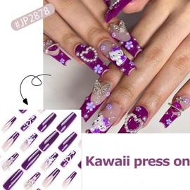 Cartoon Press on Nails Long Square Fake Nails with Designs Purple French Tip Glue on Nails Heart Butterfly Charm Y2k Acrylic Nails Full Cover False Nails for Women Girls Cute Stick on Nails 24 Pcs