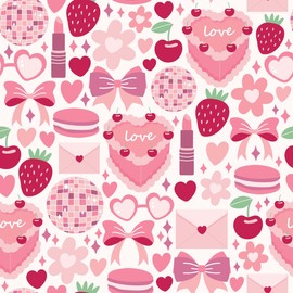 Girly Pink Wrapping Paper, Heart and Bow Thick Gift Wrap, Coquette Theme Birthday Christmas for Teen (Pink, 6 foot x 30 inch roll)