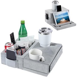 Luxspire Couch Cup Holder Tray, Bathroom Cup Holder Pillow with 8 Holes and Side Pocket, Tablet Pillow Couch Caddy for iPad/Drinks/Remote Control/Snacks Holder, Gray