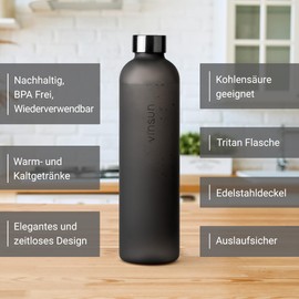 Vinsun Trinkflasche 1L schwarz - wiederverwendbar, Kohlensäure geeignet, BPA frei, Tritan - Leichte Wasser Flasche für Sport, Outdoor, Schule, Uni, Fahrrad, Büro, Gym