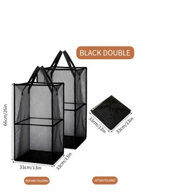 2Pcs Laundry Hamper Bag with Handles,Portable & Collapsible Dirty Clothes Mesh Basket Foldable for Washing Storage, Kids Room,Dorm or Travel (Black,Double-Layer*2)