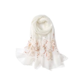 STARWHISPER Women Silk & Wool Long and Large Scarf Shawl Wrap For Evening Dress (Flower Embroidery Ivory)