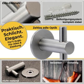 Neuhall 4 x Wall Hooks, Clothes Hooks, Wall Towel Hooks, Brushed Stainless Steel, Rust-Free Coat Hooks, Bathroom Towel Rail for Wall Mounting, Includes Fixing Set, Modern Round Length: 25 mm