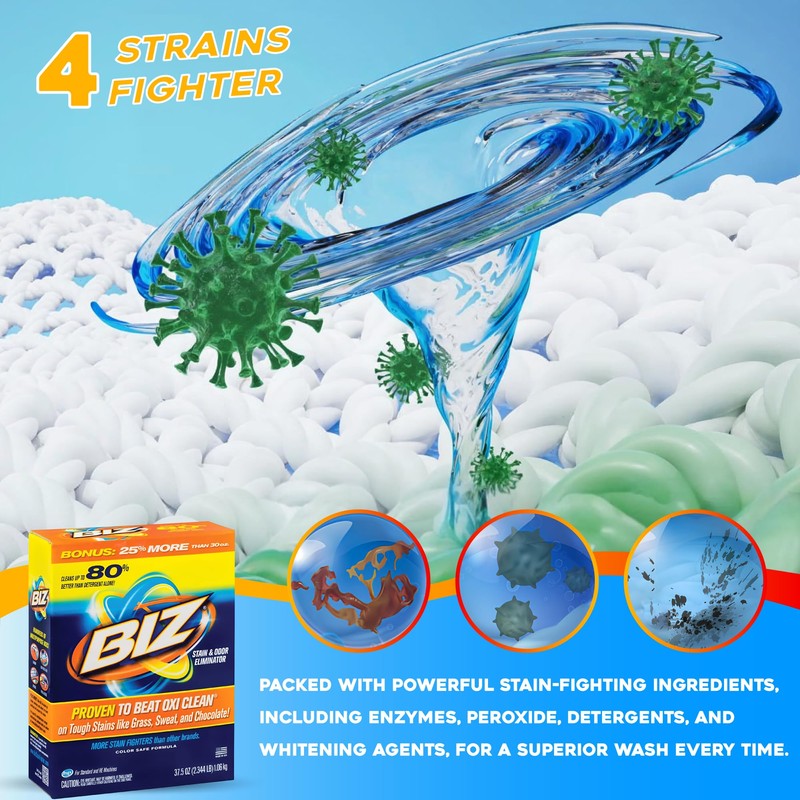 Biz Laundry Detergent Powder, Stain and Odor Eliminator for Tough